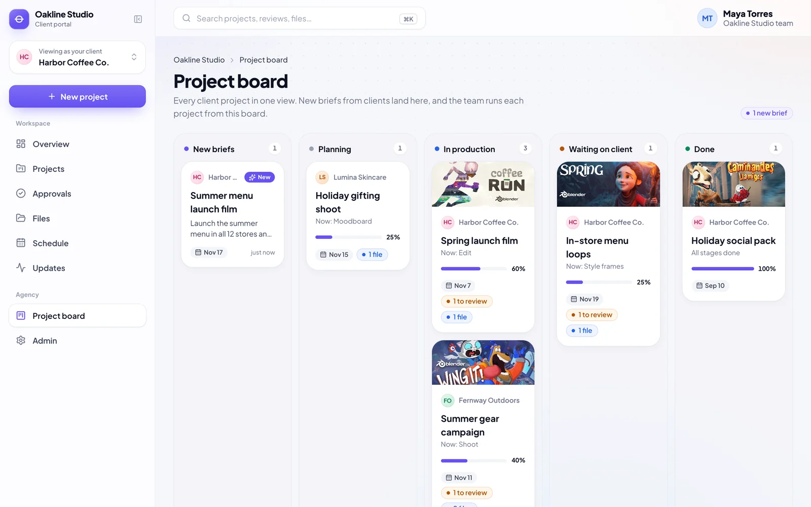 The portal's own project board with a new brief from a client