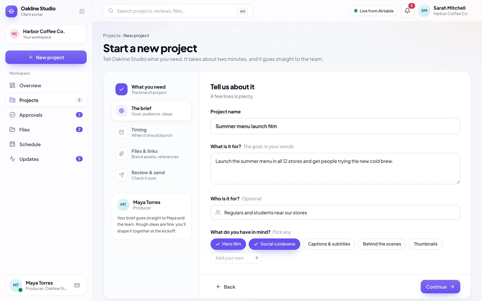 The new-project brief, step two: name, goal, audience and what they have in mind
