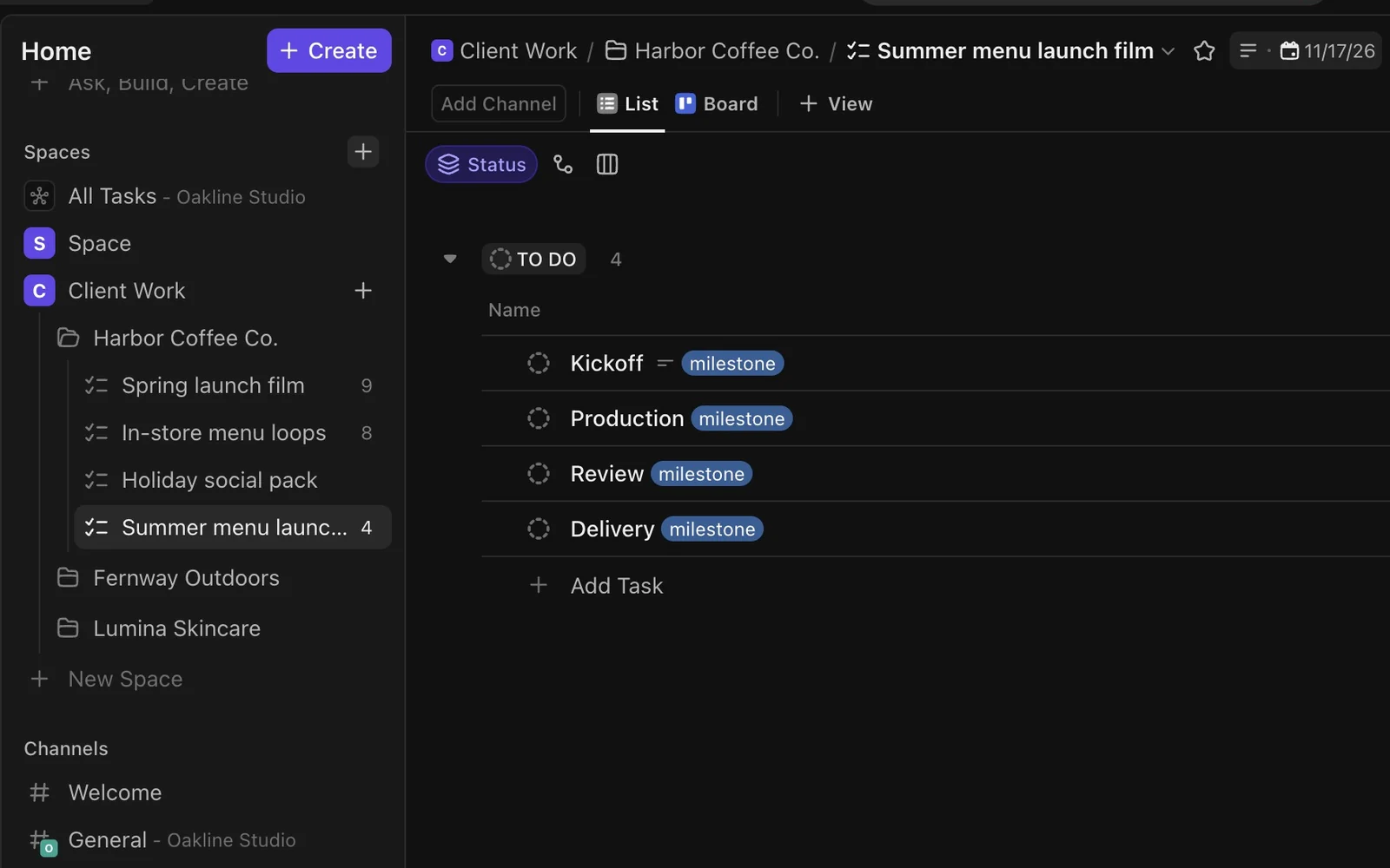 ClickUp after a client sent a brief: a new list in the client's folder with the project's stages as milestones