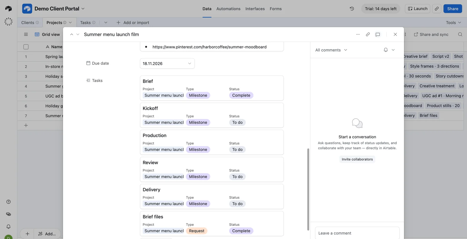 Airtable after a client sent a brief from the portal: a new record in Projects, with the stages and the brief files as linked tasks