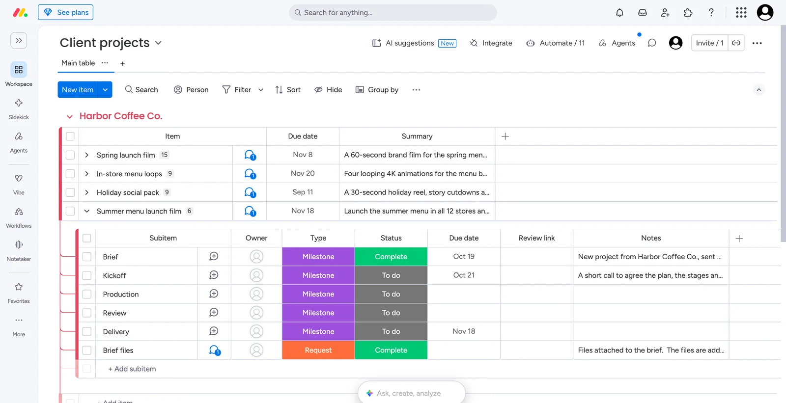 monday.com after a client sent a brief from the portal: a new item in the client’s group, with the stages and the brief files as subitems