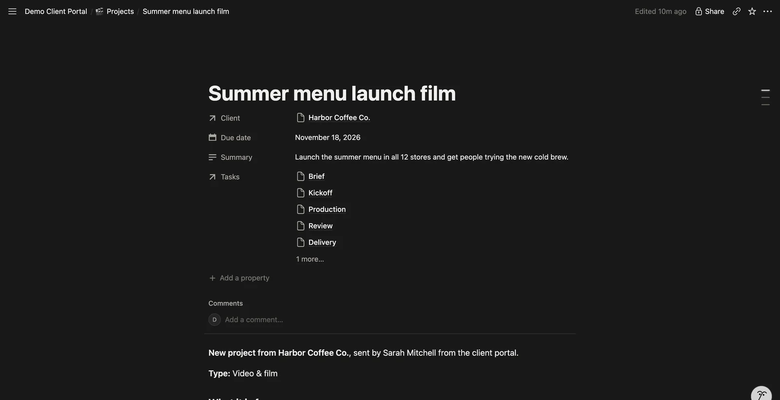 Notion after a client sent a brief from the portal: a new page in Projects, with the stages as related tasks and the brief on the page